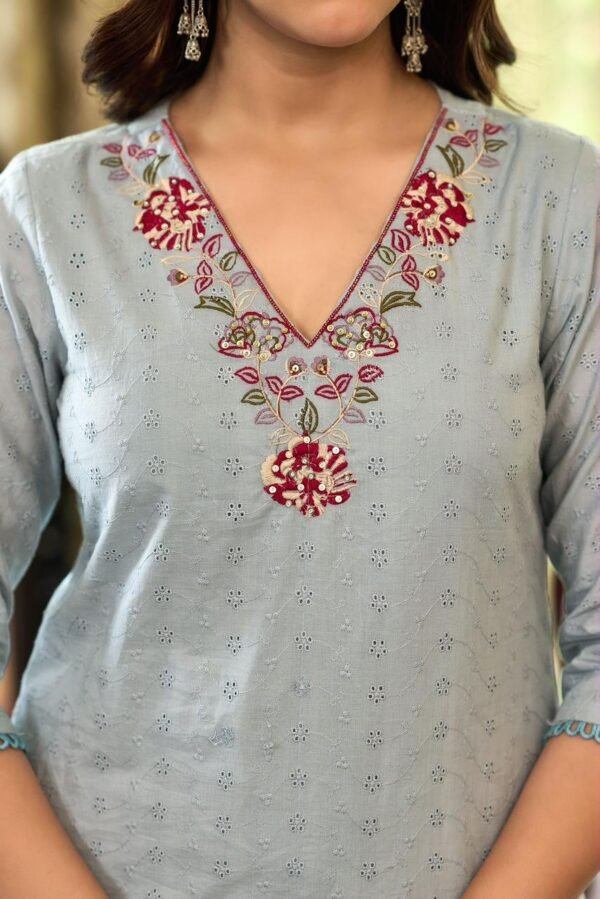 pure cotton resham embroidered suit set with mul cotton dupatta