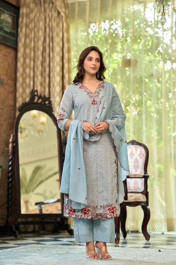 pure cotton resham embroidered suit set with mul cotton dupatta