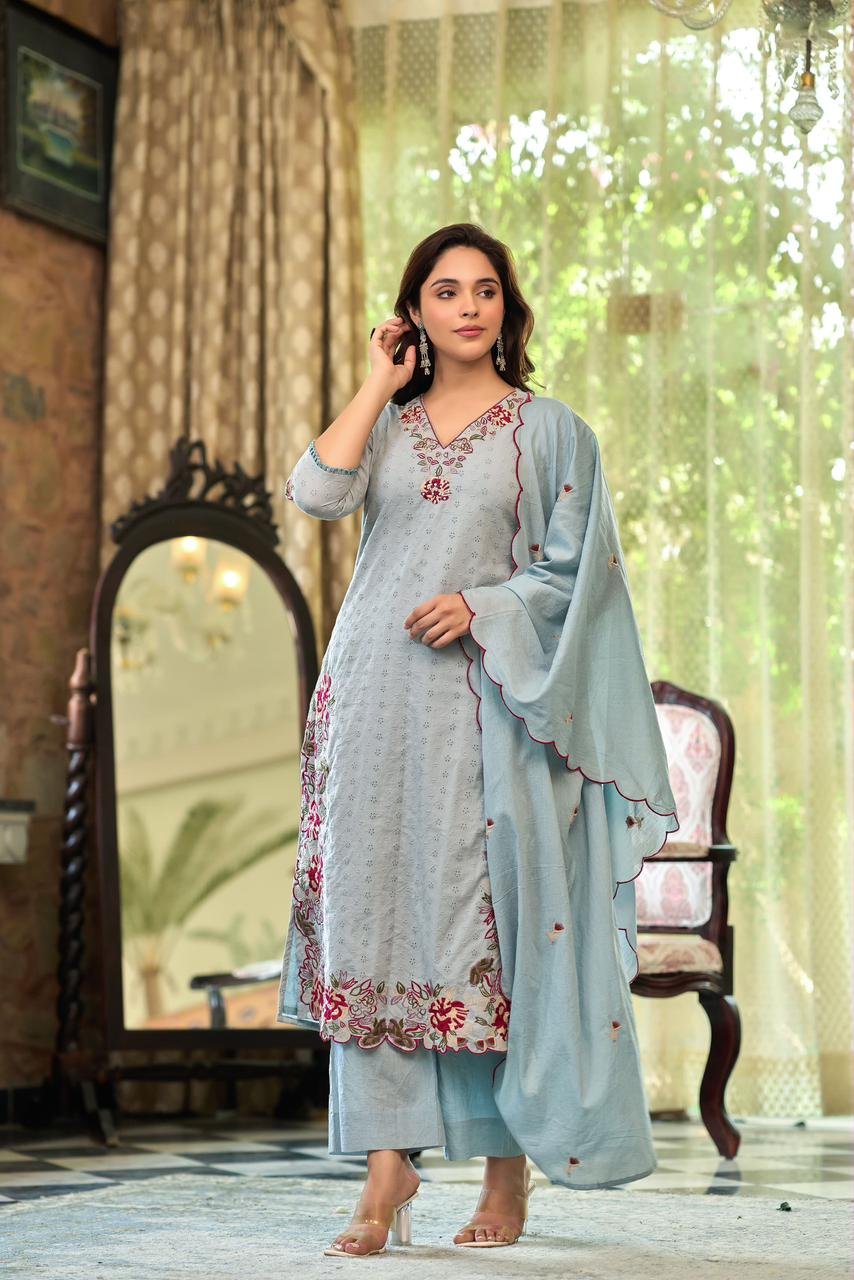 pure cotton resham embroidered suit set with mul cotton dupatta