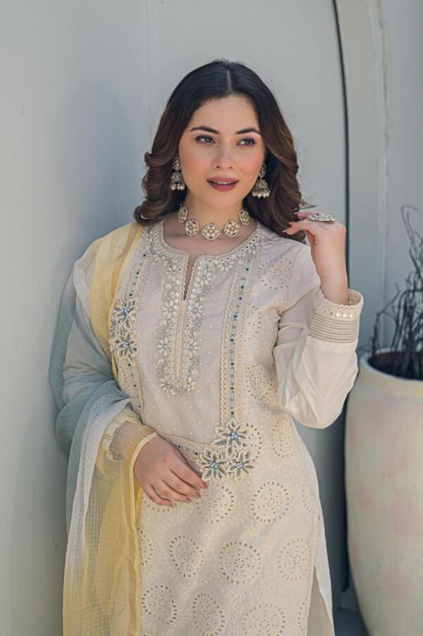 karachi schiffli cotton suit with designer kota doriya dupatta