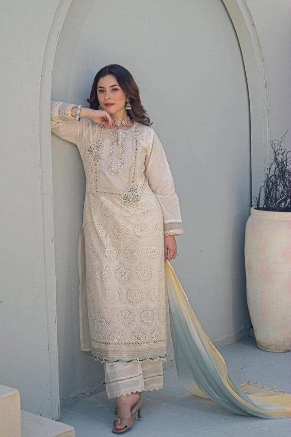 karachi schiffli cotton suit with designer kota doriya dupatta