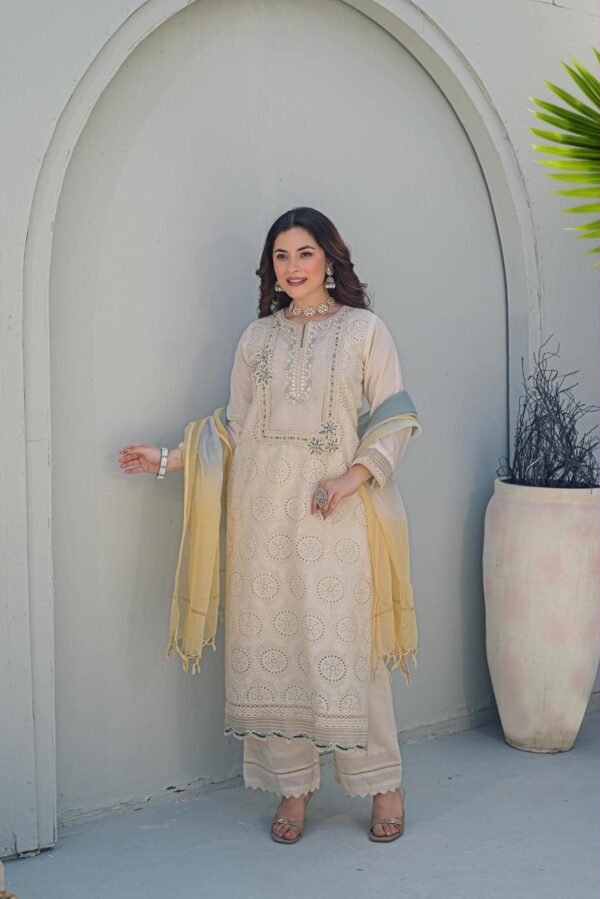 karachi schiffli cotton suit with designer kota doriya dupatta