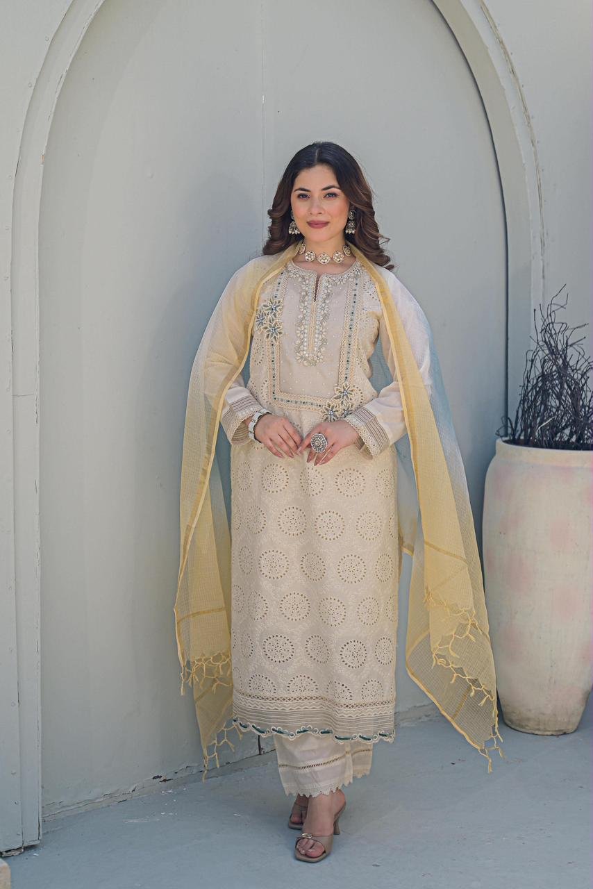 karachi schiffli cotton suit with designer kota doriya dupatta