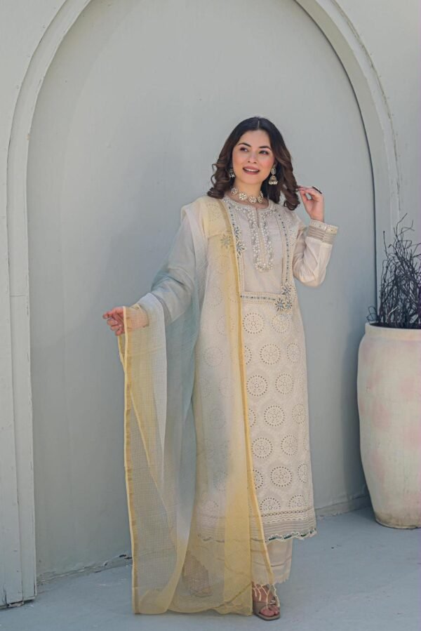 karachi schiffli cotton suit with designer kota doriya dupatta