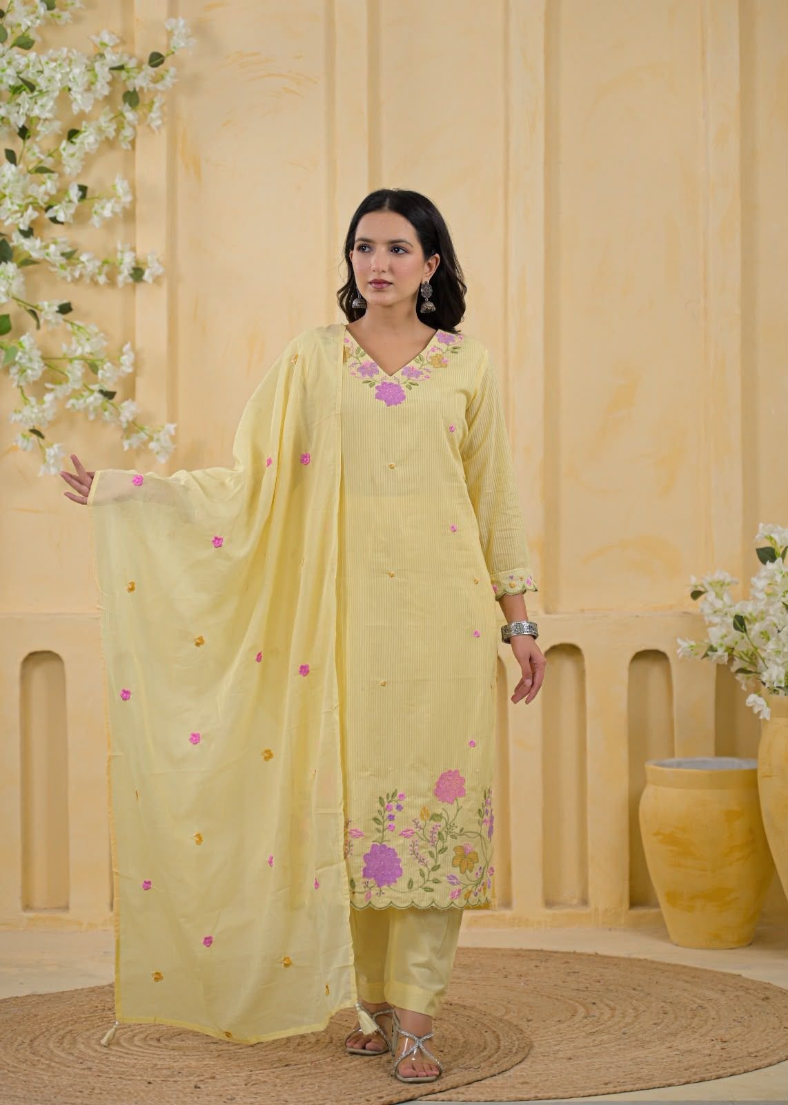 pure mul cotton straight suit with cross stitch embroidery