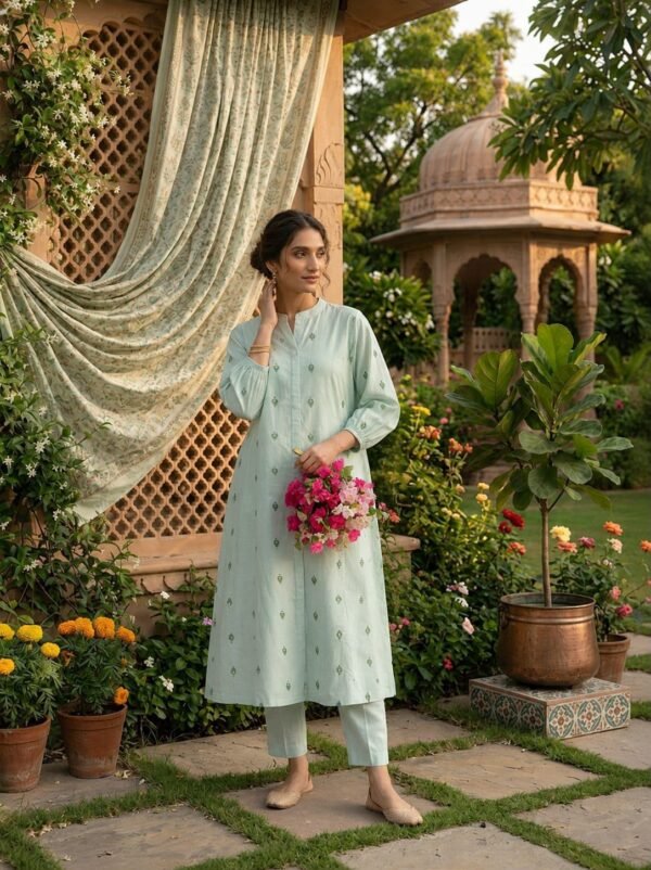 mul cotton a line kurta set with embroidery