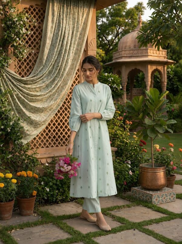 mul cotton a line kurta set with embroidery