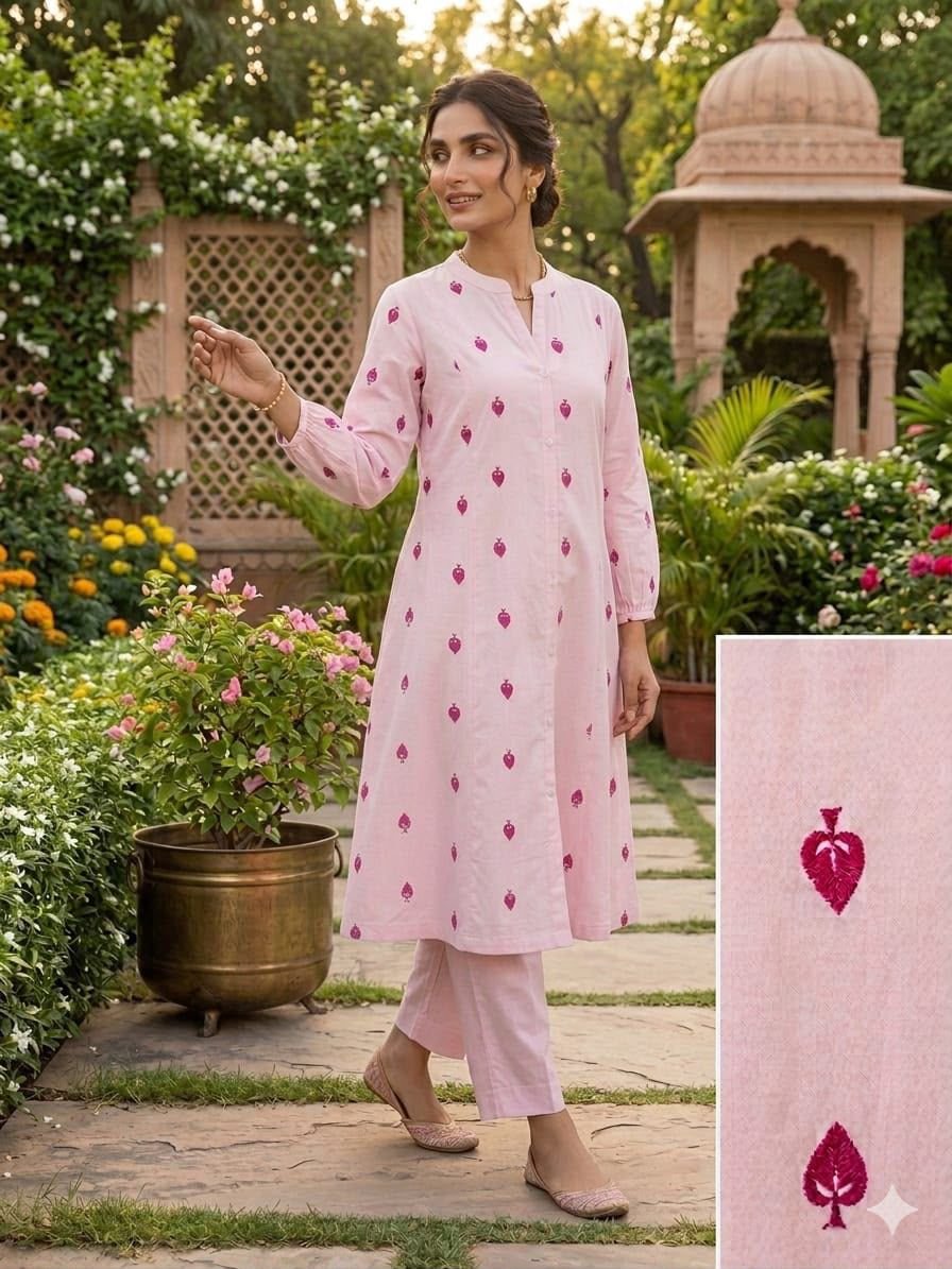 mul cotton a line kurta set with embroidery