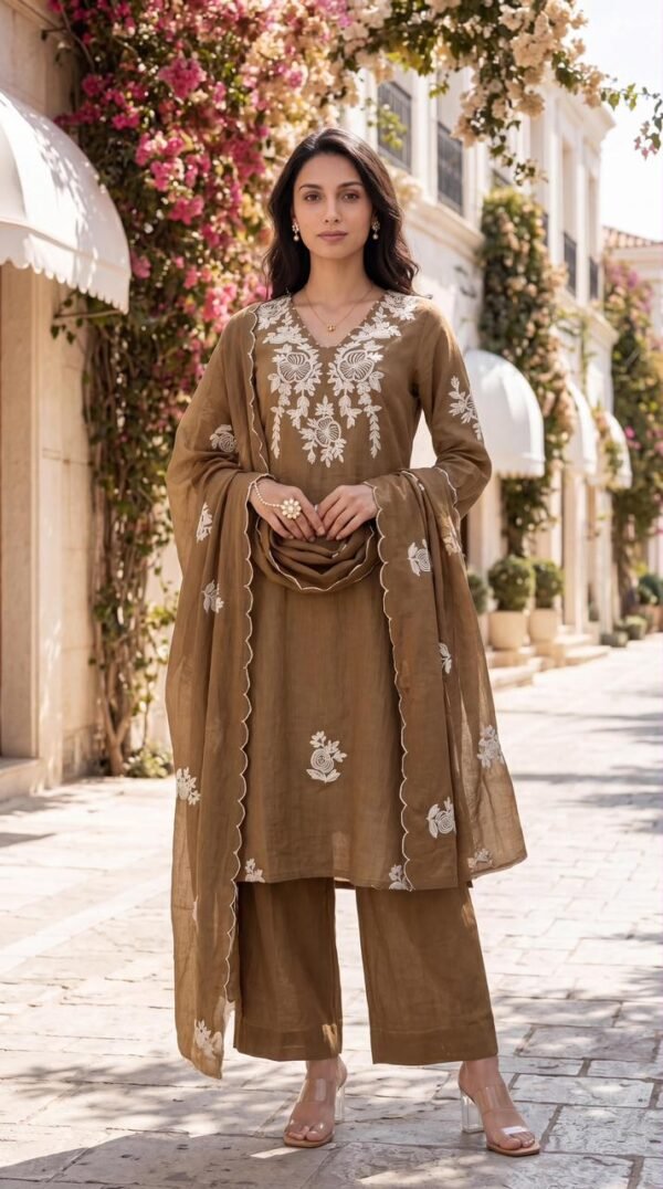 pure cotton embroidered straight suit with scalloped dupatta