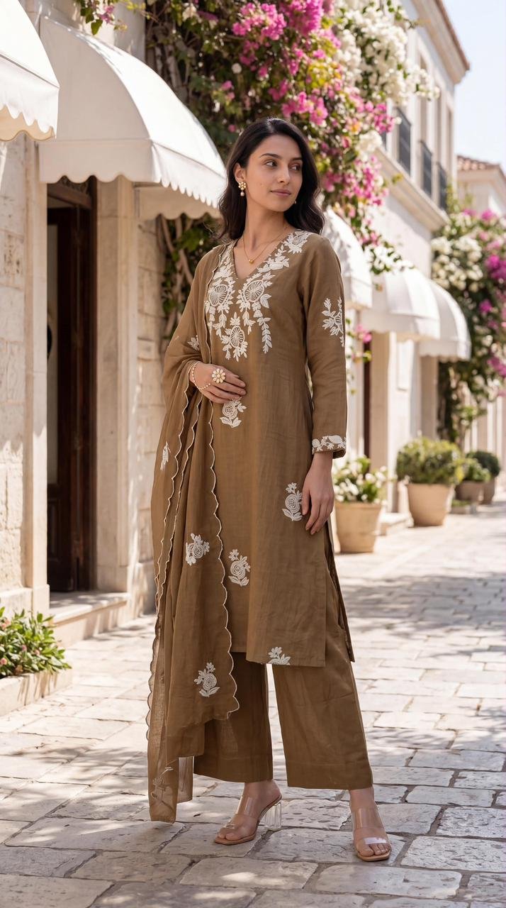 pure cotton embroidered straight suit with scalloped dupatta