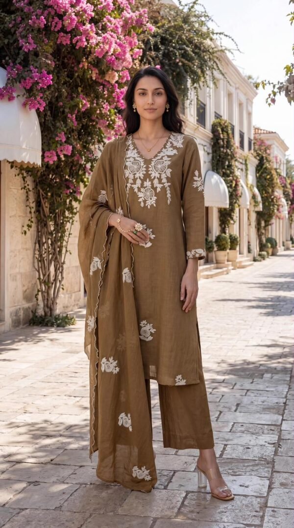 pure cotton embroidered straight suit with scalloped dupatta